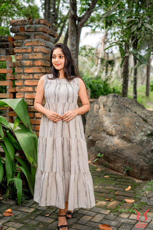 Beige Stripe Tiered Maxi Dress