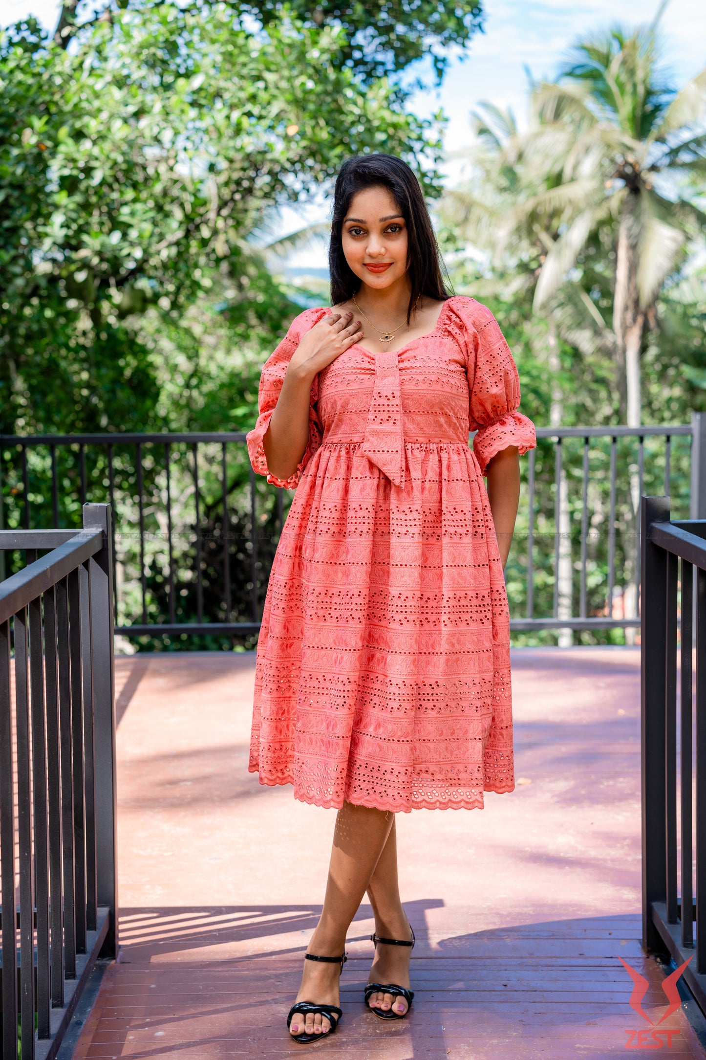 Coral Pink Eyelet Midi Dress