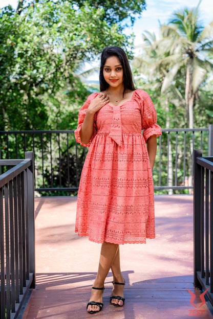Coral Pink Eyelet Midi Dress