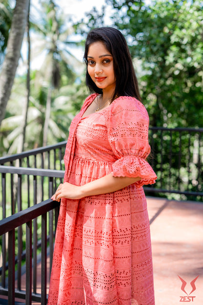 Coral Pink Eyelet Midi Dress