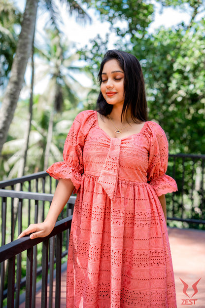 Coral Pink Eyelet Midi Dress
