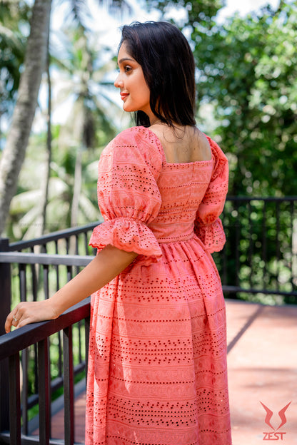 Coral Pink Eyelet Midi Dress