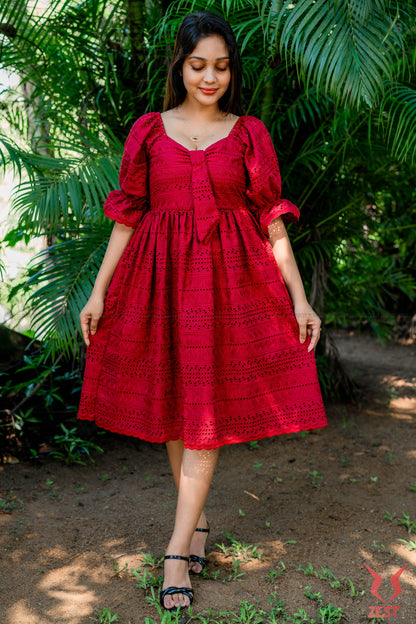 Ruby Red Eyelet Midi Dress