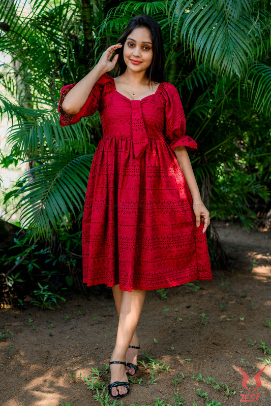 Ruby Red Eyelet Midi Dress