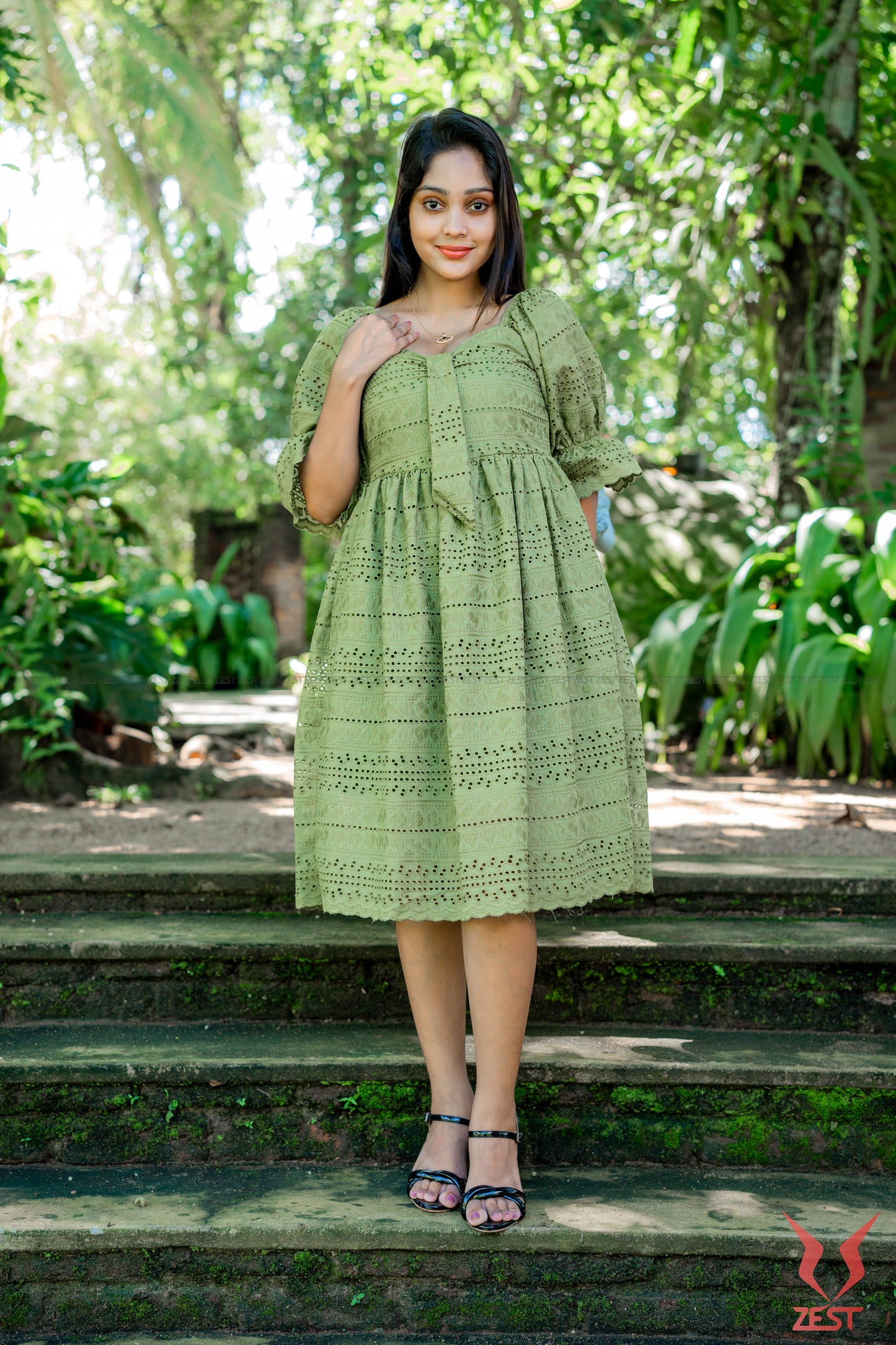 Olive Green Eyelet Midi Dress