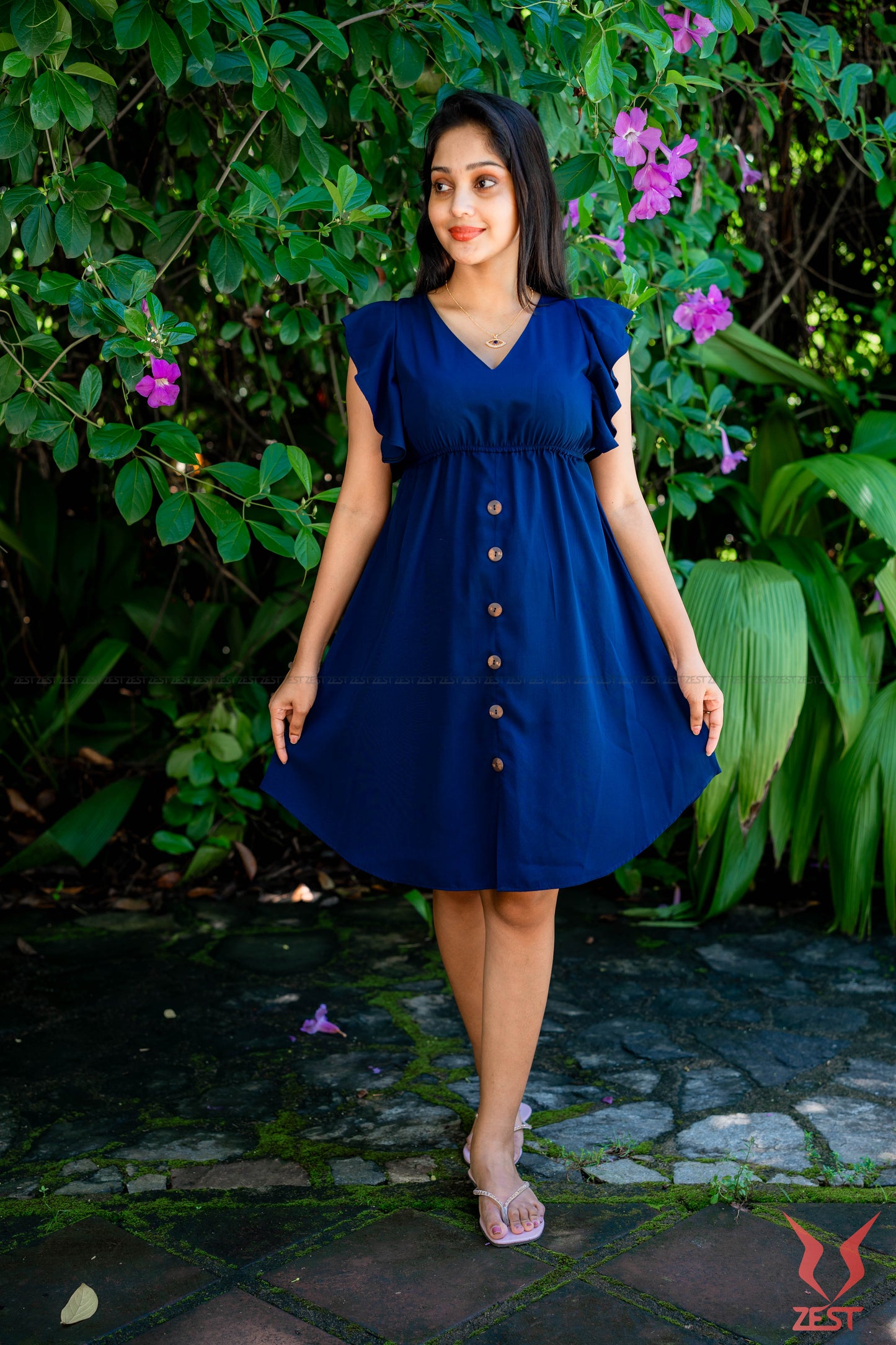 Navy Blue Button-Front Dress