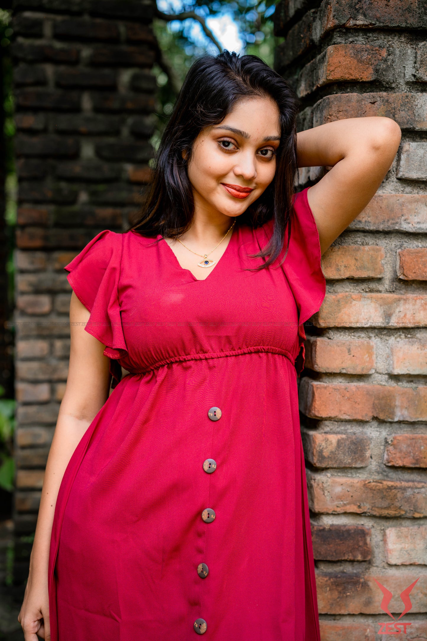 Classic Red Button-Front Dress