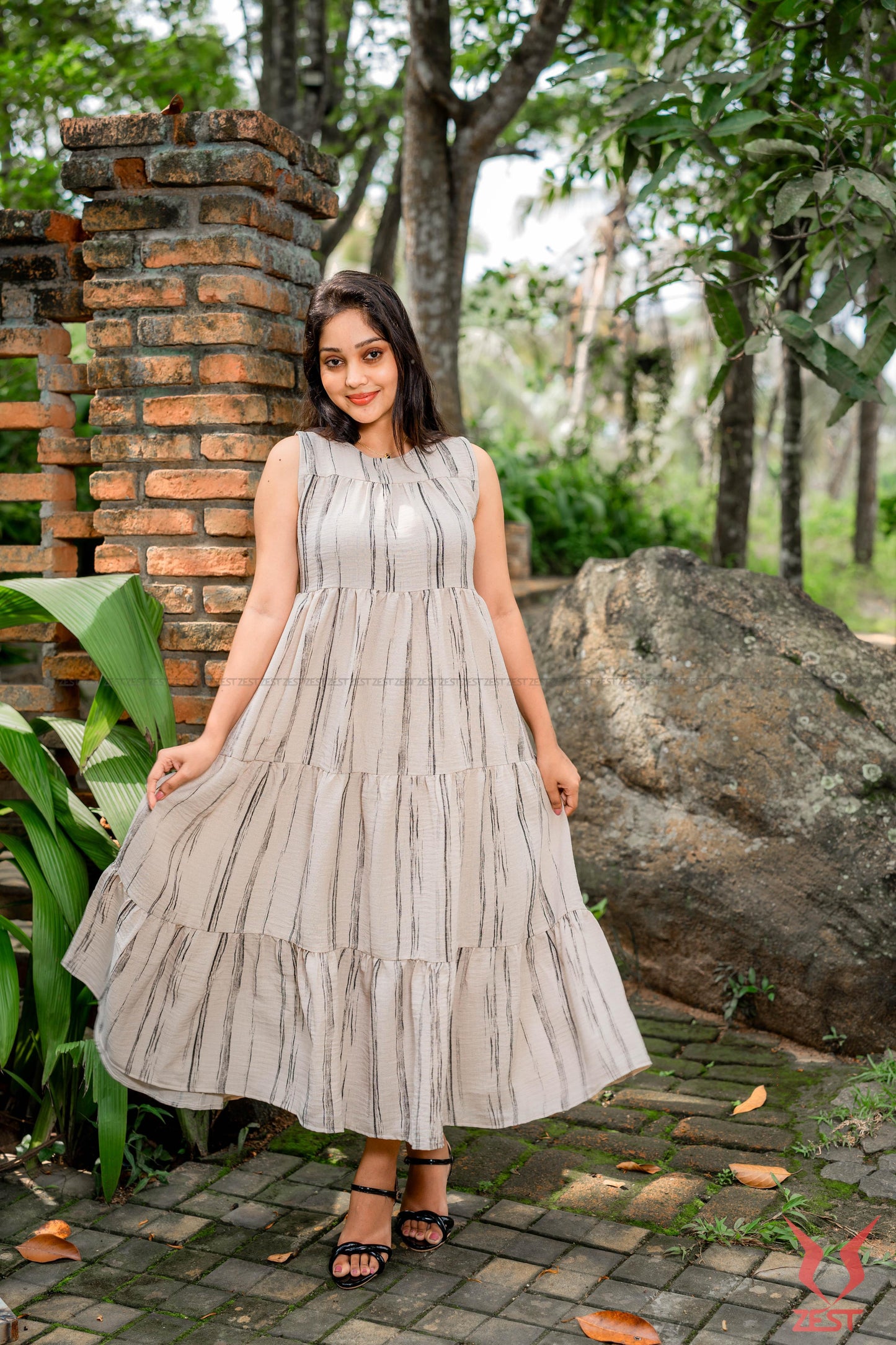 Beige Stripe Tiered Maxi Dress
