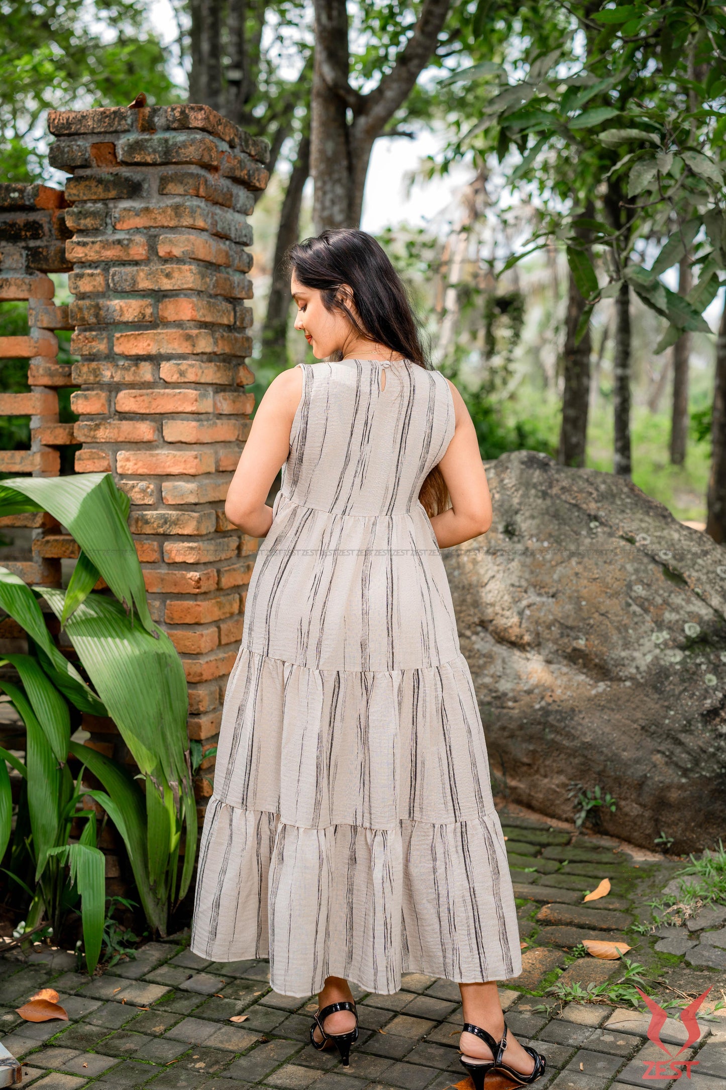 Beige Stripe Tiered Maxi Dress