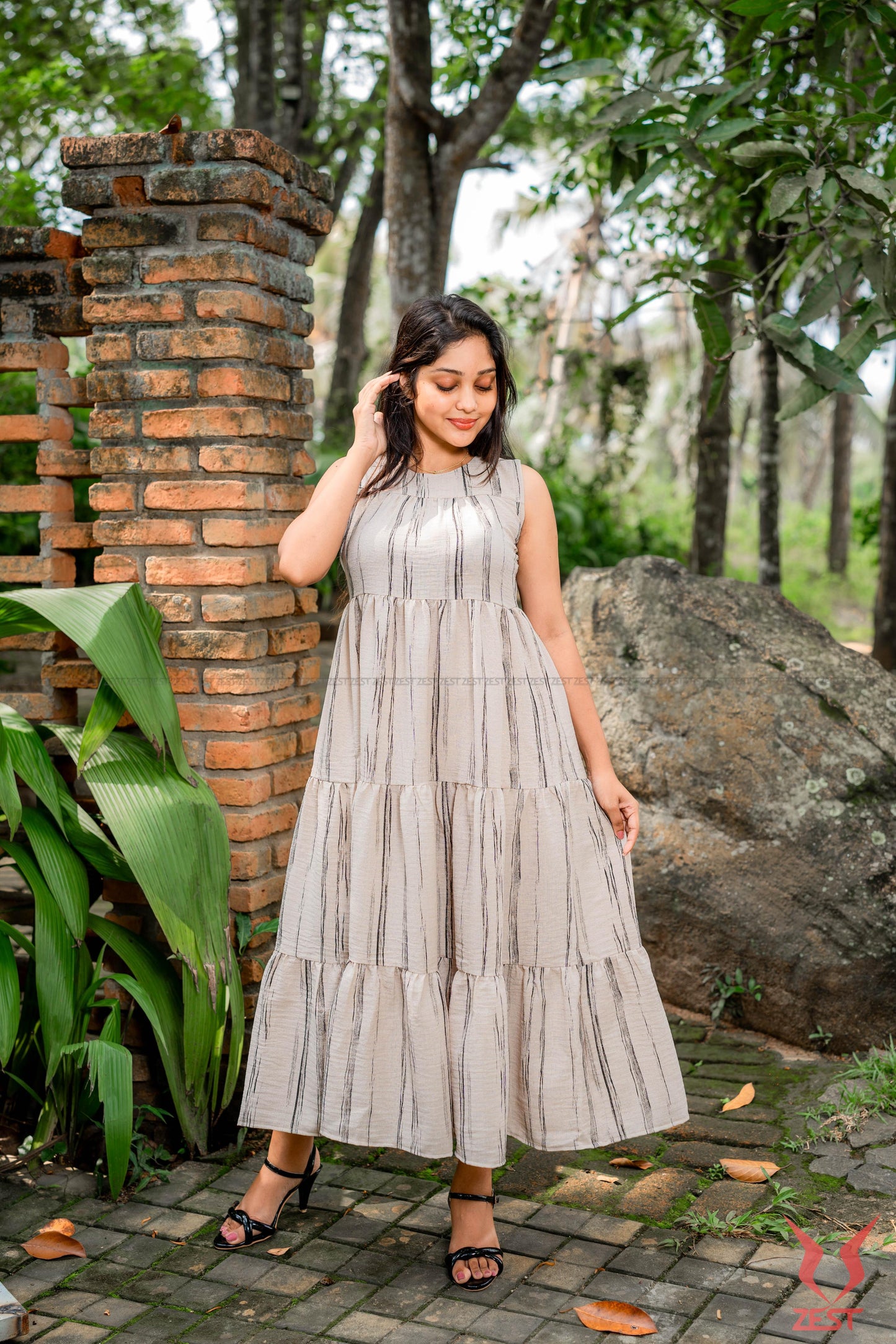 Beige Stripe Tiered Maxi Dress